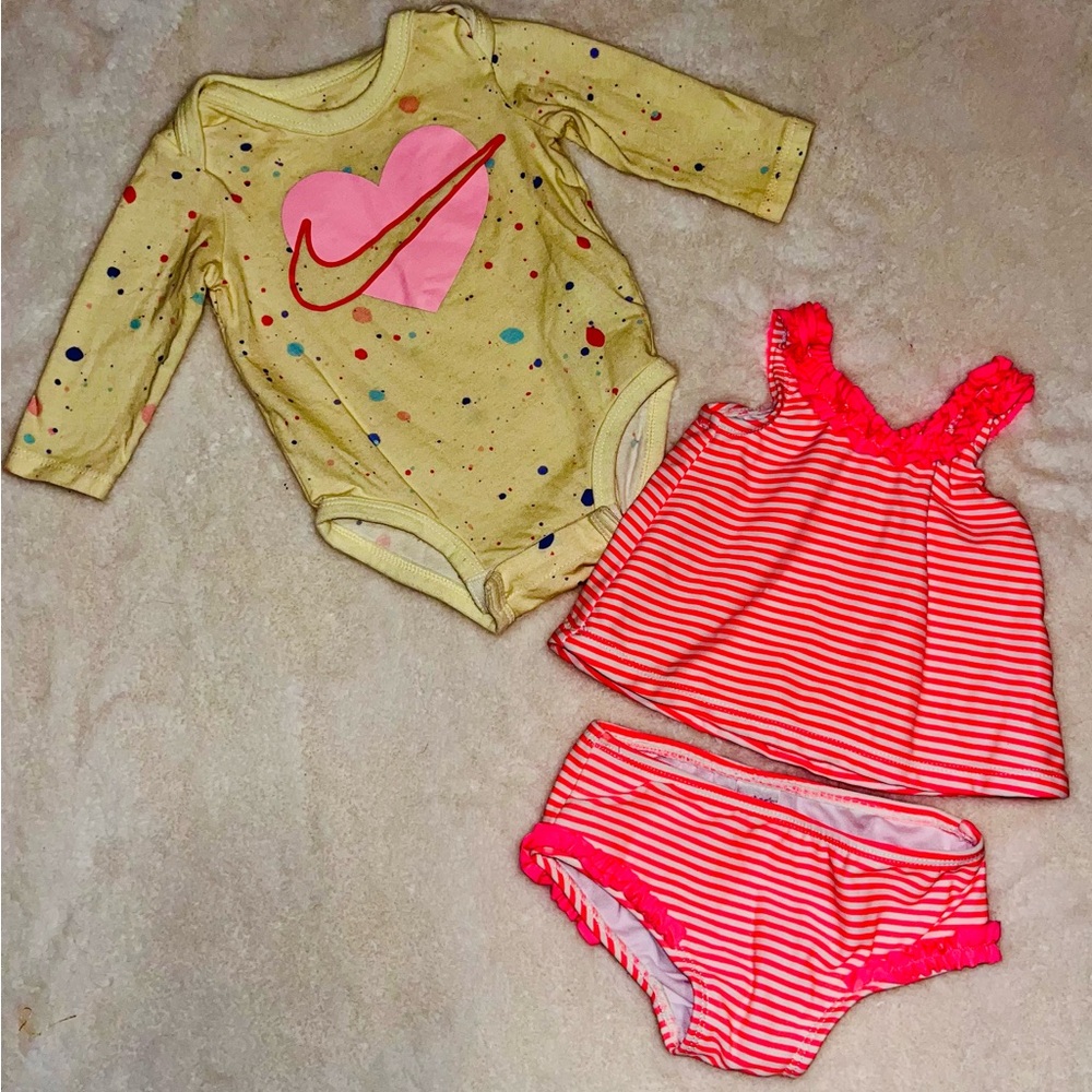 Nike baby long sleeve onesie & Carters baby girl 2 pc. Swimwear.